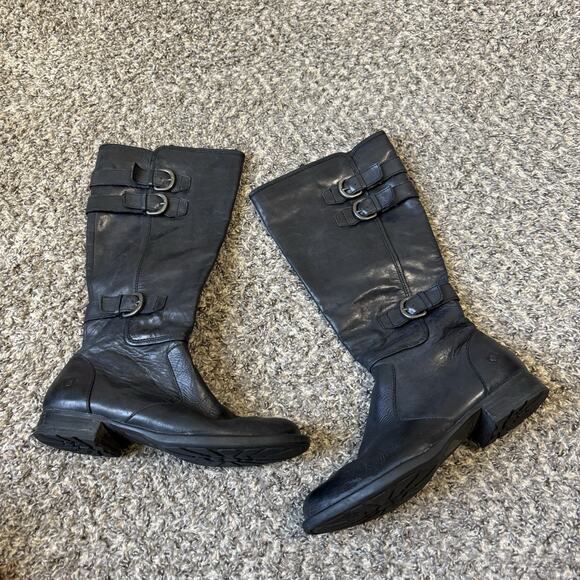 Born Boots Womens 9 Attila Tall Riding Black Leather Side Zip Buckle Strap - Picture 1 of 10